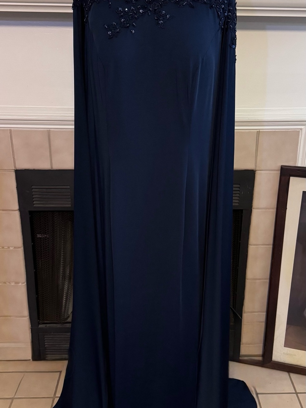 Yishaer Blue Party Dress with Sequin Accents and Attached Cape